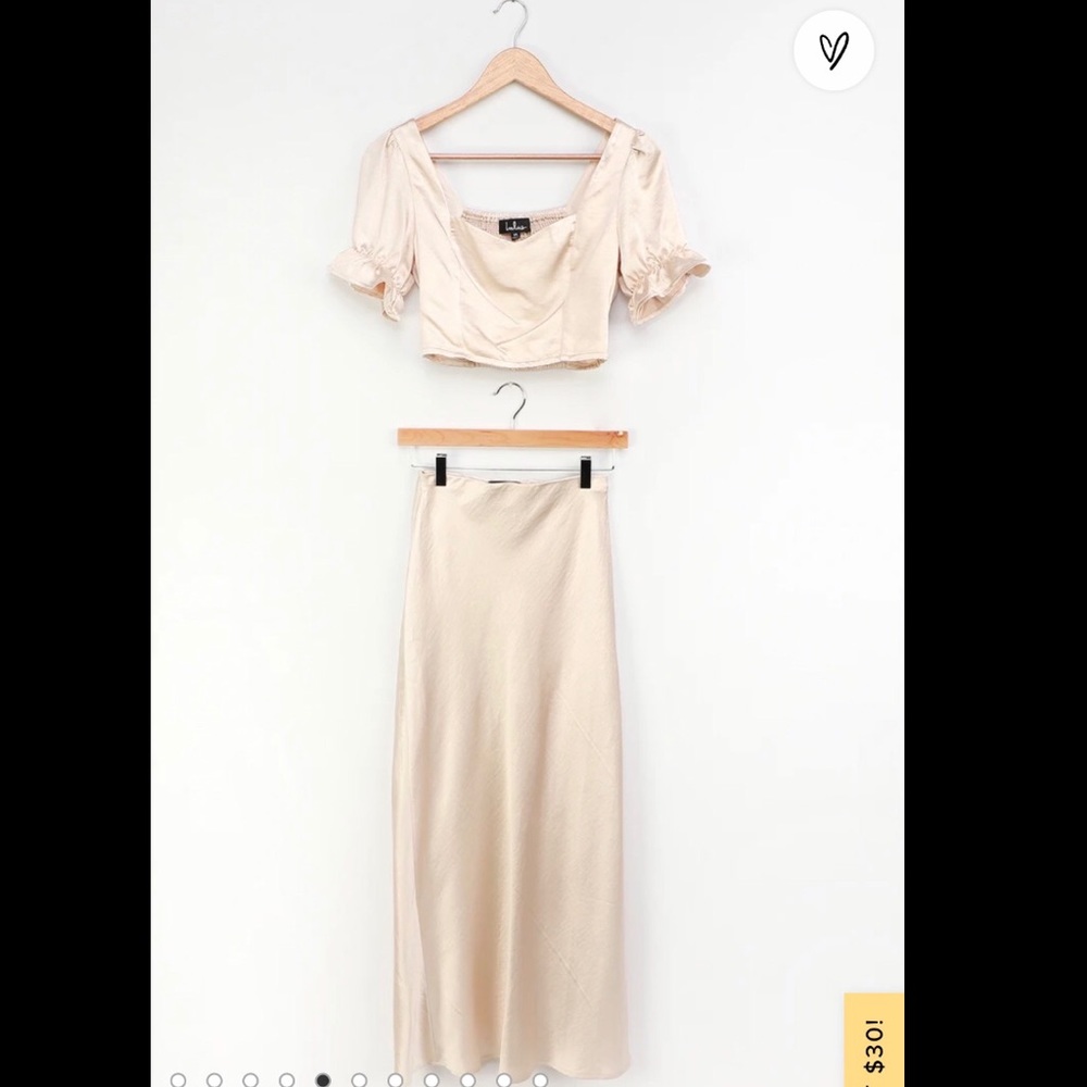 NWT Lulu’s Champagne Satin Puff Sleeve,2 piece set